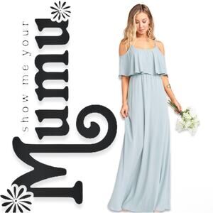 Show Me Your MuMu Bridesmaid Dress Caitlin Ruffle Maxi XXS Silver Sage Crisp NWT